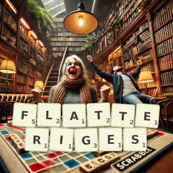Kreative Illustration für ein Scrabble-Spiel, bei dem das Wort FLATTERIGES mit Steinen auf dem Brett gelegt wurde.