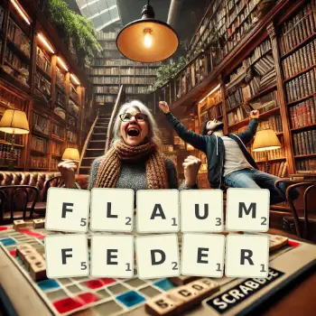 Kreative Illustration für ein Scrabble-Spiel, bei dem das Wort FLAUMFEDER mit Steinen auf dem Brett gelegt wurde.