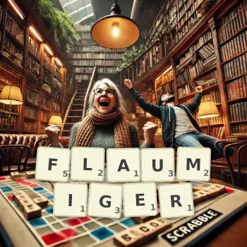 Kreative Illustration für ein Scrabble-Spiel, bei dem das Wort FLAUMIGER mit Steinen auf dem Brett gelegt wurde.