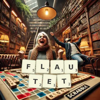 Kreative Illustration für ein Scrabble-Spiel, bei dem das Wort FLAUTET mit Steinen auf dem Brett gelegt wurde.
