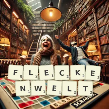 Kreative Illustration für ein Scrabble-Spiel, bei dem das Wort FLECKENWELT mit Steinen auf dem Brett gelegt wurde.