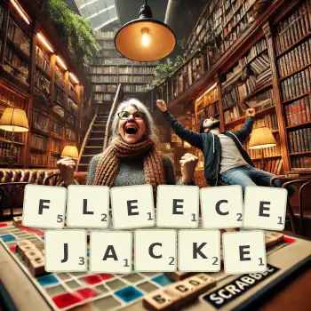 Kreative Illustration für ein Scrabble-Spiel, bei dem das Wort FLEECEJACKE mit Steinen auf dem Brett gelegt wurde.