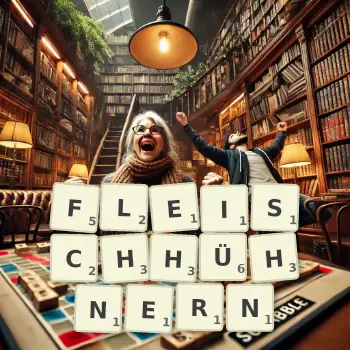 Kreative Illustration für ein Scrabble-Spiel, bei dem das Wort FLEISCHHÜHNERN mit Steinen auf dem Brett gelegt wurde.