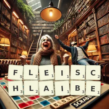 Kreative Illustration für ein Scrabble-Spiel, bei dem das Wort FLEISCHLAIBE mit Steinen auf dem Brett gelegt wurde.