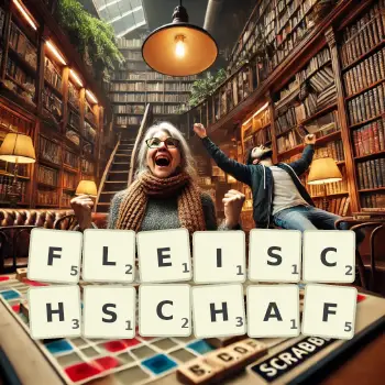 Kreative Illustration für ein Scrabble-Spiel, bei dem das Wort FLEISCHSCHAF mit Steinen auf dem Brett gelegt wurde.