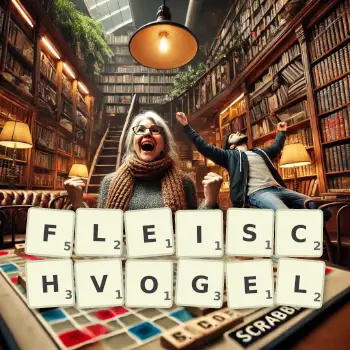 Kreative Illustration für ein Scrabble-Spiel, bei dem das Wort FLEISCHVOGEL mit Steinen auf dem Brett gelegt wurde.