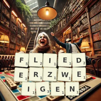 Kreative Illustration für ein Scrabble-Spiel, bei dem das Wort FLIEDERZWEIGEN mit Steinen auf dem Brett gelegt wurde.