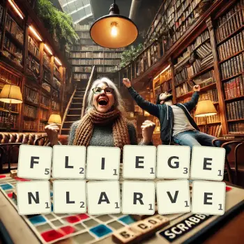 Kreative Illustration für ein Scrabble-Spiel, bei dem das Wort FLIEGENLARVE mit Steinen auf dem Brett gelegt wurde.
