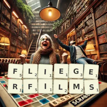 Kreative Illustration für ein Scrabble-Spiel, bei dem das Wort FLIEGERFILMS mit Steinen auf dem Brett gelegt wurde.