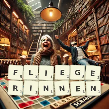 Kreative Illustration für ein Scrabble-Spiel, bei dem das Wort FLIEGERINNEN mit Steinen auf dem Brett gelegt wurde.