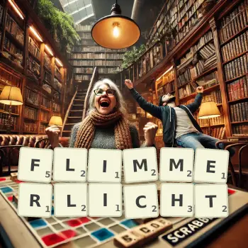 Kreative Illustration für ein Scrabble-Spiel, bei dem das Wort FLIMMERLICHT mit Steinen auf dem Brett gelegt wurde.