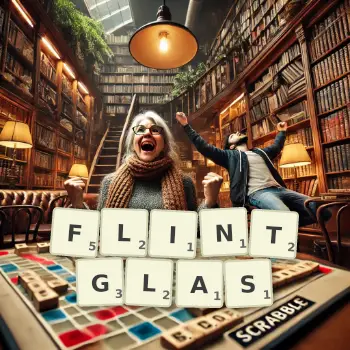 Kreative Illustration für ein Scrabble-Spiel, bei dem das Wort FLINTGLAS mit Steinen auf dem Brett gelegt wurde.