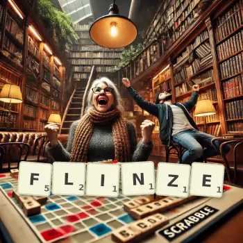 Kreative Illustration für ein Scrabble-Spiel, bei dem das Wort FLINZE mit Steinen auf dem Brett gelegt wurde.