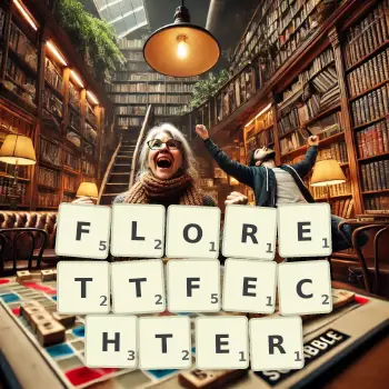 Kreative Illustration für ein Scrabble-Spiel, bei dem das Wort FLORETTFECHTER mit Steinen auf dem Brett gelegt wurde.