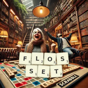 Kreative Illustration für ein Scrabble-Spiel, bei dem das Wort FLOSSET mit Steinen auf dem Brett gelegt wurde.