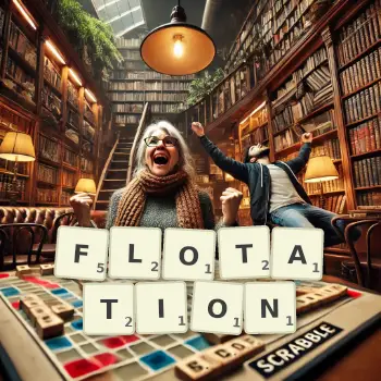 Kreative Illustration für ein Scrabble-Spiel, bei dem das Wort FLOTATION mit Steinen auf dem Brett gelegt wurde.