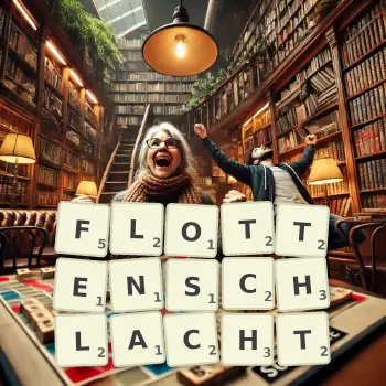 Kreative Illustration für ein Scrabble-Spiel, bei dem das Wort FLOTTENSCHLACHT mit Steinen auf dem Brett gelegt wurde.