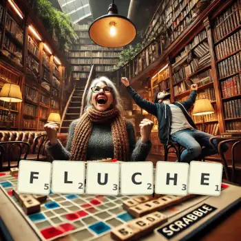 Kreative Illustration für ein Scrabble-Spiel, bei dem das Wort FLUCHE mit Steinen auf dem Brett gelegt wurde.