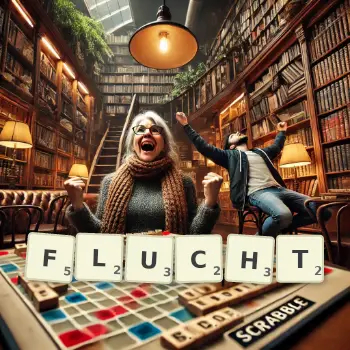 Kreative Illustration für ein Scrabble-Spiel, bei dem das Wort FLUCHT mit Steinen auf dem Brett gelegt wurde.