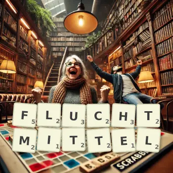 Kreative Illustration für ein Scrabble-Spiel, bei dem das Wort FLUCHTMITTEL mit Steinen auf dem Brett gelegt wurde.