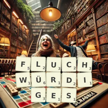 Kreative Illustration für ein Scrabble-Spiel, bei dem das Wort FLUCHWÜRDIGES mit Steinen auf dem Brett gelegt wurde.