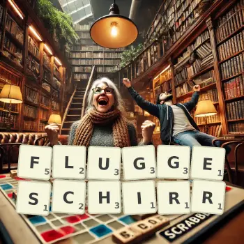 Kreative Illustration für ein Scrabble-Spiel, bei dem das Wort FLUGGESCHIRR mit Steinen auf dem Brett gelegt wurde.