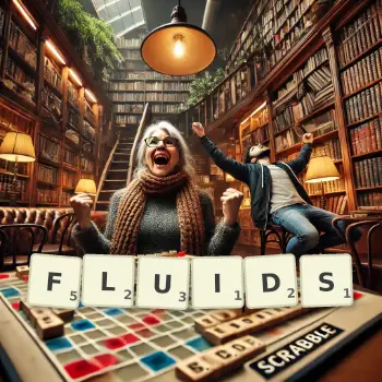 Kreative Illustration für ein Scrabble-Spiel, bei dem das Wort FLUIDS mit Steinen auf dem Brett gelegt wurde.