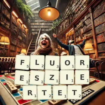Kreative Illustration für ein Scrabble-Spiel, bei dem das Wort FLUORESZIERTET mit Steinen auf dem Brett gelegt wurde.