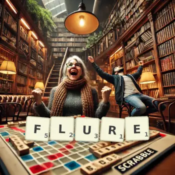 Kreative Illustration für ein Scrabble-Spiel, bei dem das Wort FLURE mit Steinen auf dem Brett gelegt wurde.