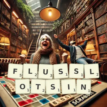 Kreative Illustration für ein Scrabble-Spiel, bei dem das Wort FLUSSLOTSIN mit Steinen auf dem Brett gelegt wurde.