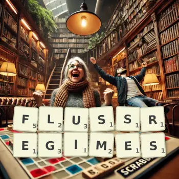 Kreative Illustration für ein Scrabble-Spiel, bei dem das Wort FLUSSREGIMES mit Steinen auf dem Brett gelegt wurde.