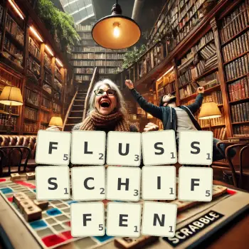 Kreative Illustration für ein Scrabble-Spiel, bei dem das Wort FLUSSSCHIFFEN mit Steinen auf dem Brett gelegt wurde.