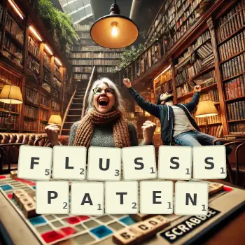 Kreative Illustration für ein Scrabble-Spiel, bei dem das Wort FLUSSSPATEN mit Steinen auf dem Brett gelegt wurde.
