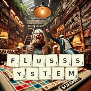 Kreative Illustration für ein Scrabble-Spiel, bei dem das Wort FLUSSSYSTEM mit Steinen auf dem Brett gelegt wurde.