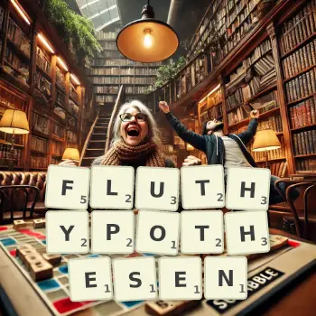 Kreative Illustration für ein Scrabble-Spiel, bei dem das Wort FLUTHYPOTHESEN mit Steinen auf dem Brett gelegt wurde.