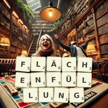 Kreative Illustration für ein Scrabble-Spiel, bei dem das Wort FLÄCHENFÜLLUNG mit Steinen auf dem Brett gelegt wurde.