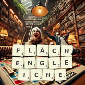 Kreative Illustration für ein Scrabble-Spiel, bei dem das Wort FLÄCHENGLEICHE mit Steinen auf dem Brett gelegt wurde.