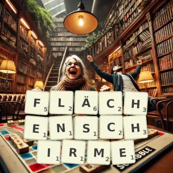 Kreative Illustration für ein Scrabble-Spiel, bei dem das Wort FLÄCHENSCHIRME mit Steinen auf dem Brett gelegt wurde.