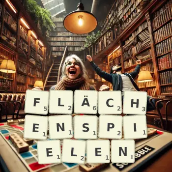 Kreative Illustration für ein Scrabble-Spiel, bei dem das Wort FLÄCHENSPIELEN mit Steinen auf dem Brett gelegt wurde.