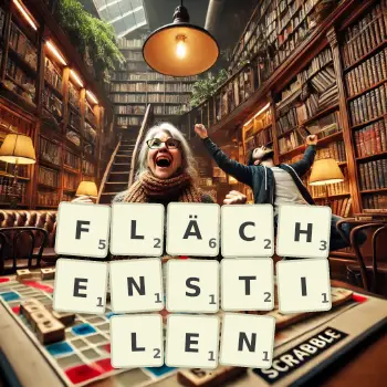 Kreative Illustration für ein Scrabble-Spiel, bei dem das Wort FLÄCHENSTILEN mit Steinen auf dem Brett gelegt wurde.