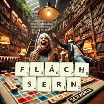 Kreative Illustration für ein Scrabble-Spiel, bei dem das Wort FLÄCHSERN mit Steinen auf dem Brett gelegt wurde.