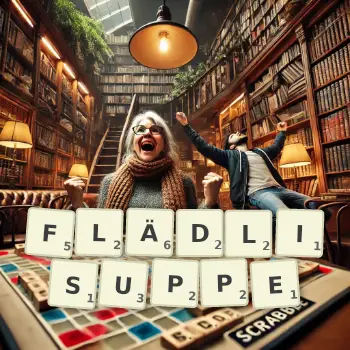 Kreative Illustration für ein Scrabble-Spiel, bei dem das Wort FLÄDLISUPPE mit Steinen auf dem Brett gelegt wurde.