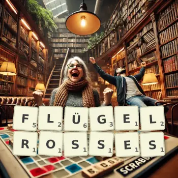 Kreative Illustration für ein Scrabble-Spiel, bei dem das Wort FLÜGELROSSES mit Steinen auf dem Brett gelegt wurde.