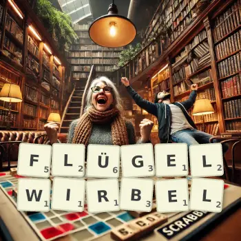 Kreative Illustration für ein Scrabble-Spiel, bei dem das Wort FLÜGELWIRBEL mit Steinen auf dem Brett gelegt wurde.
