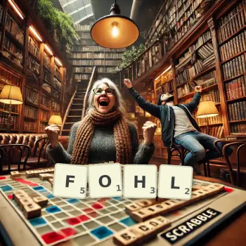 Kreative Illustration für ein Scrabble-Spiel, bei dem das Wort FOHL mit Steinen auf dem Brett gelegt wurde.