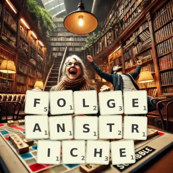 Kreative Illustration für ein Scrabble-Spiel, bei dem das Wort FOLGEANSTRICHE mit Steinen auf dem Brett gelegt wurde.