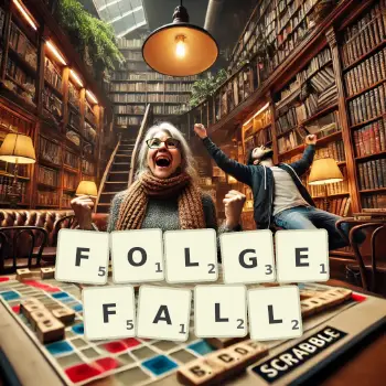 Kreative Illustration für ein Scrabble-Spiel, bei dem das Wort FOLGEFALL mit Steinen auf dem Brett gelegt wurde.