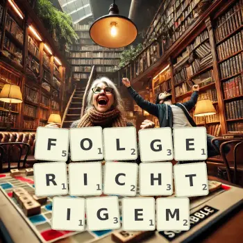 Kreative Illustration für ein Scrabble-Spiel, bei dem das Wort FOLGERICHTIGEM mit Steinen auf dem Brett gelegt wurde.