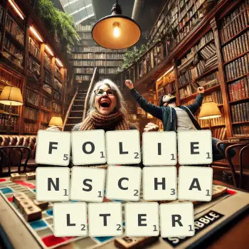 Kreative Illustration für ein Scrabble-Spiel, bei dem das Wort FOLIENSCHALTER mit Steinen auf dem Brett gelegt wurde.