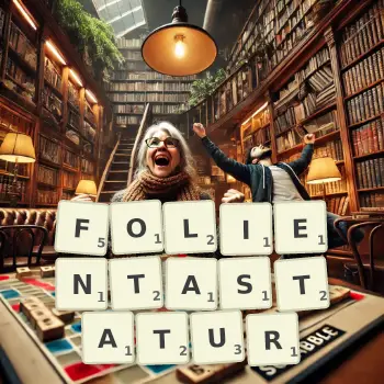 Kreative Illustration für ein Scrabble-Spiel, bei dem das Wort FOLIENTASTATUR mit Steinen auf dem Brett gelegt wurde.
